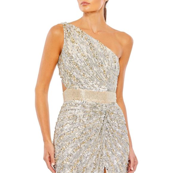 MAC DUGGAL SEQUINED ONE SHOULDER DRAPED LACE UP GOWN - Picture 3 of 9